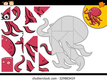 Cartoon Vector Illustration of Educational Jigsaw Puzzle Task for Preschool Children with Octopus Animal Character