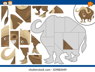 Cartoon Vector Illustration of Educational Jigsaw Puzzle Task for Preschool Children with African Buffalo Animal Character