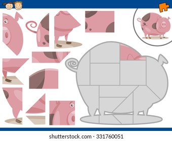 Cartoon Vector Illustration of Educational Jigsaw Puzzle Task for Preschool Children with Farm Pig Animal Character