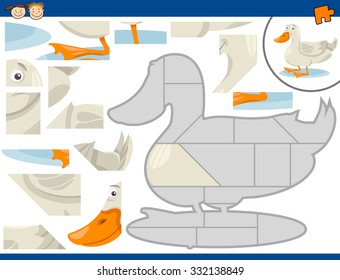 Cartoon Vector Illustration of Educational Jigsaw Puzzle Task for Preschool Children with Farm Duck Animal Character