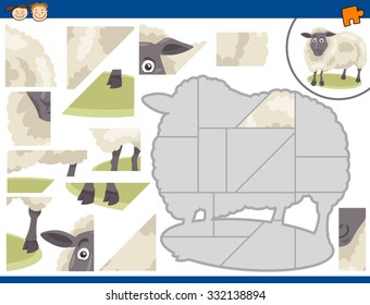 Cartoon Vector Illustration of Educational Jigsaw Puzzle Task for Preschool Children with Farm Sheep Animal Character