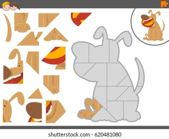 Cartoon Vector Illustration of Educational Jigsaw Puzzle Game for Children with Dog Animal Character with Ball