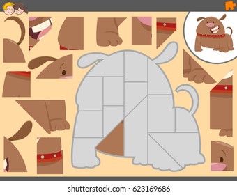 Cartoon Vector Illustration of Educational Jigsaw Puzzle Game for Children with Funny Dog Character