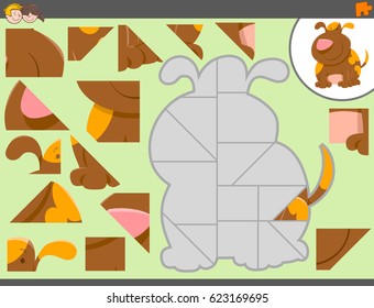 Cartoon Vector Illustration of Educational Jigsaw Puzzle Game for Children with Cute Spotted Dog Character