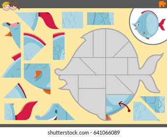 Cartoon Vector Illustration of Educational Jigsaw Puzzle Game for Children with Fish Sea Animal Character