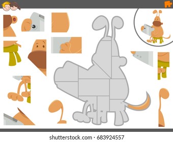 Cartoon Vector Illustration of Educational Jigsaw Puzzle Game for Children with Funny Dog Animal Character Playing on Tablet Pc