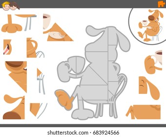 Cartoon Vector Illustration of Educational Jigsaw Puzzle Game for Children with Funny Dog Animal Character drinking Tea