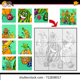 Cartoon Vector Illustration of Educational Jigsaw Puzzle Activity Game for Children with Fruits Food  Characters