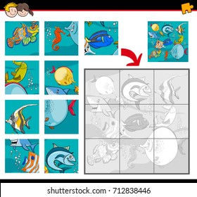 Cartoon Vector Illustration of Educational Jigsaw Puzzle Activity Game for Children with Fish and Sea Life Animal Characters