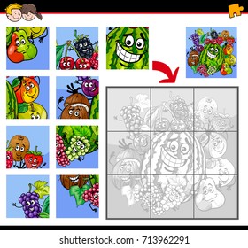 Cartoon Vector Illustration of Educational Jigsaw Puzzle Activity Game for Children with Fruit Characters