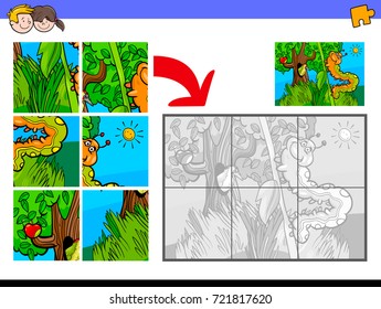 Cartoon Vector Illustration of Educational Jigsaw Puzzle Activity Game for Children with Caterpillar Character