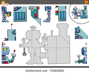 Cartoon Vector Illustration of Educational Jigsaw Puzzle Game for Children with Funny Robots Fantasy Characters