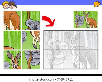 Cartoon Vector Illustration of Educational Jigsaw Puzzle Activity Game for Children with Koala and Kangaroo Animal Characters