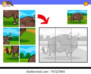 Cartoon Vector Illustration of Educational Jigsaw Puzzle Activity Game for Children with Bull Farm Animal Character