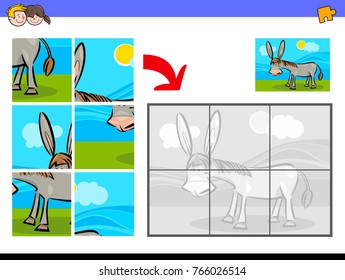 Cartoon Vector Illustration of Educational Jigsaw Puzzle Activity Game for Children with Donkey Farm Animal Character