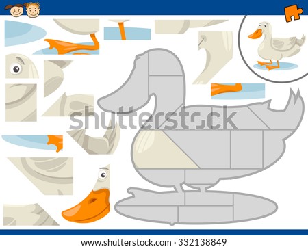 Cartoon Vector Illustration of Educational Jigsaw Puzzle Task for Preschool Children with Farm Duck Animal Character