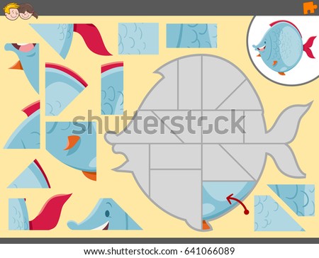 Cartoon Vector Illustration of Educational Jigsaw Puzzle Game for Children with Fish Sea Animal Character