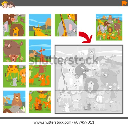 Cartoon Vector Illustration of Educational Jigsaw Puzzle Game for Children with Animal Characters
