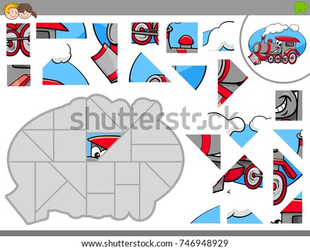 Cartoon Vector Illustration of Educational Jigsaw Puzzle Game for Children with Funny Locomotive Engine Vehicle Character