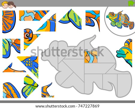 Cartoon Vector Illustration of Educational Jigsaw Puzzle Game for Children with Exotic Fish Sea Life Animal Character