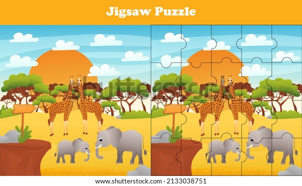 Cartoon vector illustration\
of educational jigsaw puzzle game for preschool children with funny\
giraffe and elephants, printable worksheet for safari desert\
wildlife theme