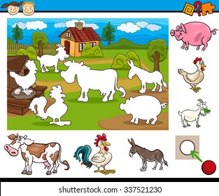 Cartoon Vector Illustration of Educational Kindergarten Task for Preschool Children with Farm Animal Characters