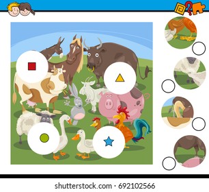 Cartoon Vector Illustration of Educational Match the Elements Activity Game for Children with Farm Animal Characters Group