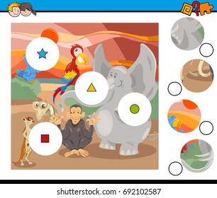 Cartoon Vector Illustration of Educational Match the Elements Activity Game for Children with Safari Animal Characters Group