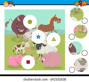 Cartoon Vector Illustration of Educational Match the Elements Game for Children with Farm Animal Characters Group