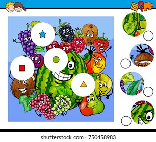 Cartoon Vector Illustration of Educational Match the Pieces Jigsaw Puzzle Game for Children with Fruits Characters