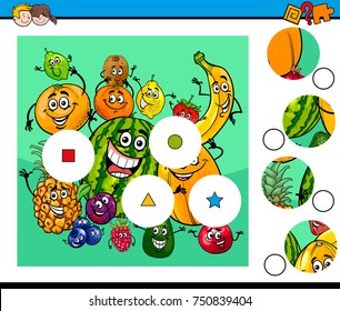 Cartoon Vector Illustration of Educational Match the Pieces Jigsaw Puzzle Game for Children with Happy Fruits Characters