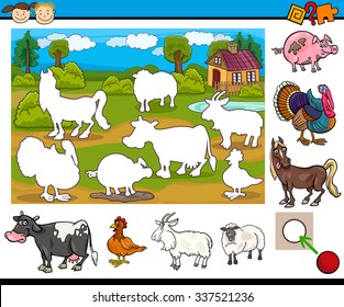 Cartoon Vector Illustration of Educational Matching Task for Preschool Children with Farm Animal Characters