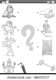 Cartoon Vector Illustration of Educational Matching Task for Preschool Children with People and Objects Coloring Book