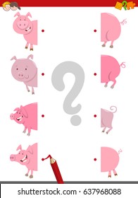 Cartoon Vector Illustration of Educational Matching Halves Activity with Pigs Farm Animal Characters