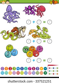 Cartoon Vector Illustration of Educational Mathematical Addition Task for Preschool Children with Funny Characters