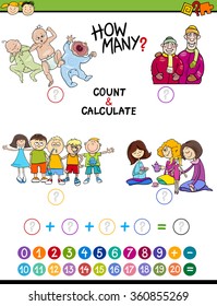 Cartoon Vector Illustration of Educational Mathematical Count and Addition Game for Preschool Children with People Characters