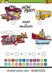 Cartoon Vector Illustration of Educational Mathematical Count and Addition Game for Preschool Children with Transportation Characters