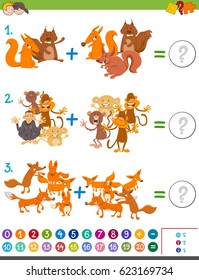 Cartoon Vector Illustration of Educational Mathematical Addition Game for Kids with Animal Characters