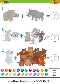 Cartoon Vector Illustration of Educational Mathematical Addition Game for Kids with Cute Animal Characters