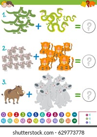 Cartoon Vector Illustration of Educational Mathematical Addition Game for Children with Cute Animal Characters