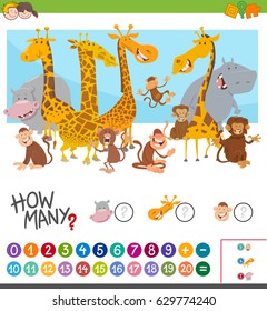 Cartoon Vector Illustration of Educational Mathematical Game of Counting Animal Characters for Children
