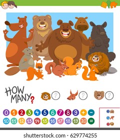 Cartoon Vector Illustration of Educational Mathematical Game of Counting Animal Characters for Preschool Kids