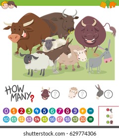 Cartoon Vector Illustration of Educational Mathematical Activity Game of Counting Farm Animal Characters for Kids