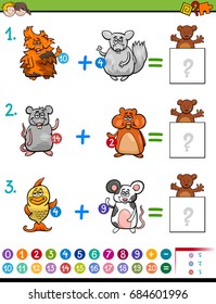 Cartoon Vector Illustration of Educational Mathematical Addition Activity Game for Children with Animal Characters
