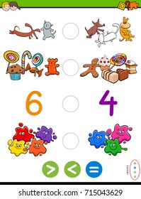 Cartoon Vector Illustration of Educational Mathematical Activity Game of Greater Than, Less Than or Equal to for Children