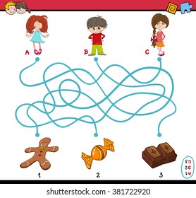 Cartoon Vektor Illustration von Pädagogik oder Maze Puzzle Game für Vorschulen mit Kindern und Süßigkeiten