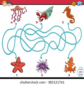 Cartoon Vector Illustration of Educational Paths or Maze Puzzle Task for Preschool Children with Sea Life Characters