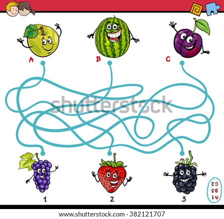 Cartoon Vector Illustration of Educational Paths or Maze Puzzle Task for Preschool Children with Fruits