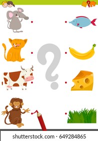 Cartoon Vector Illustration of Educational Pictures Matching Activity Game for Children with Animal Characters and their Favorite Food