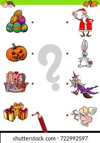 Cartoon Vector Illustration of Educational Pictures Matching Game for Children with Holidays Characters and Objects